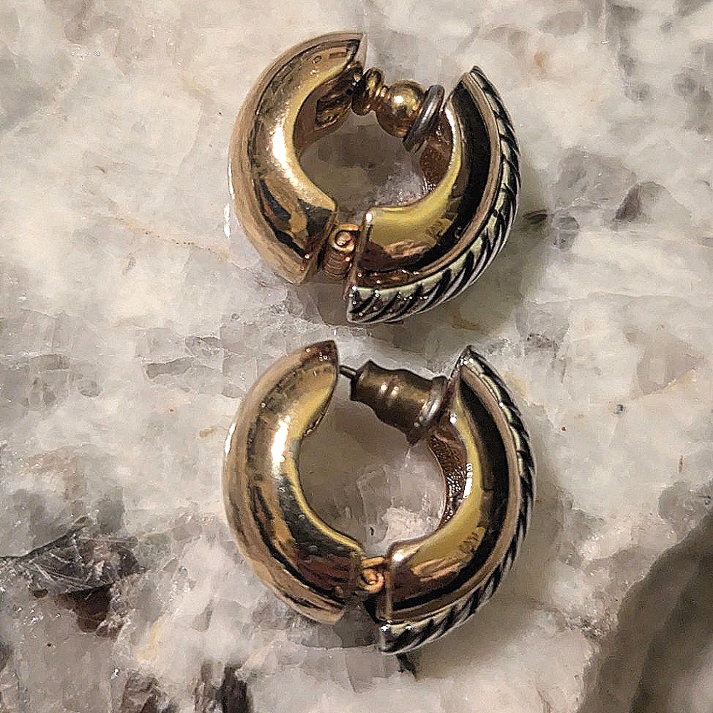RARE Vintage Signed Erwin Pearl Gold/Silver Tone Cable Chunky Pierced Earrings - Picture 3 of 8